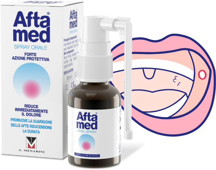 aftaspray Aftamed spray orale in primo piano, in secondo piano bocca con afte